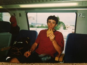 A train ride through Germany on our first year with Giant.  Adam eats a peanut butter and jelly sandwich. And probably changes his shirt shortly after.